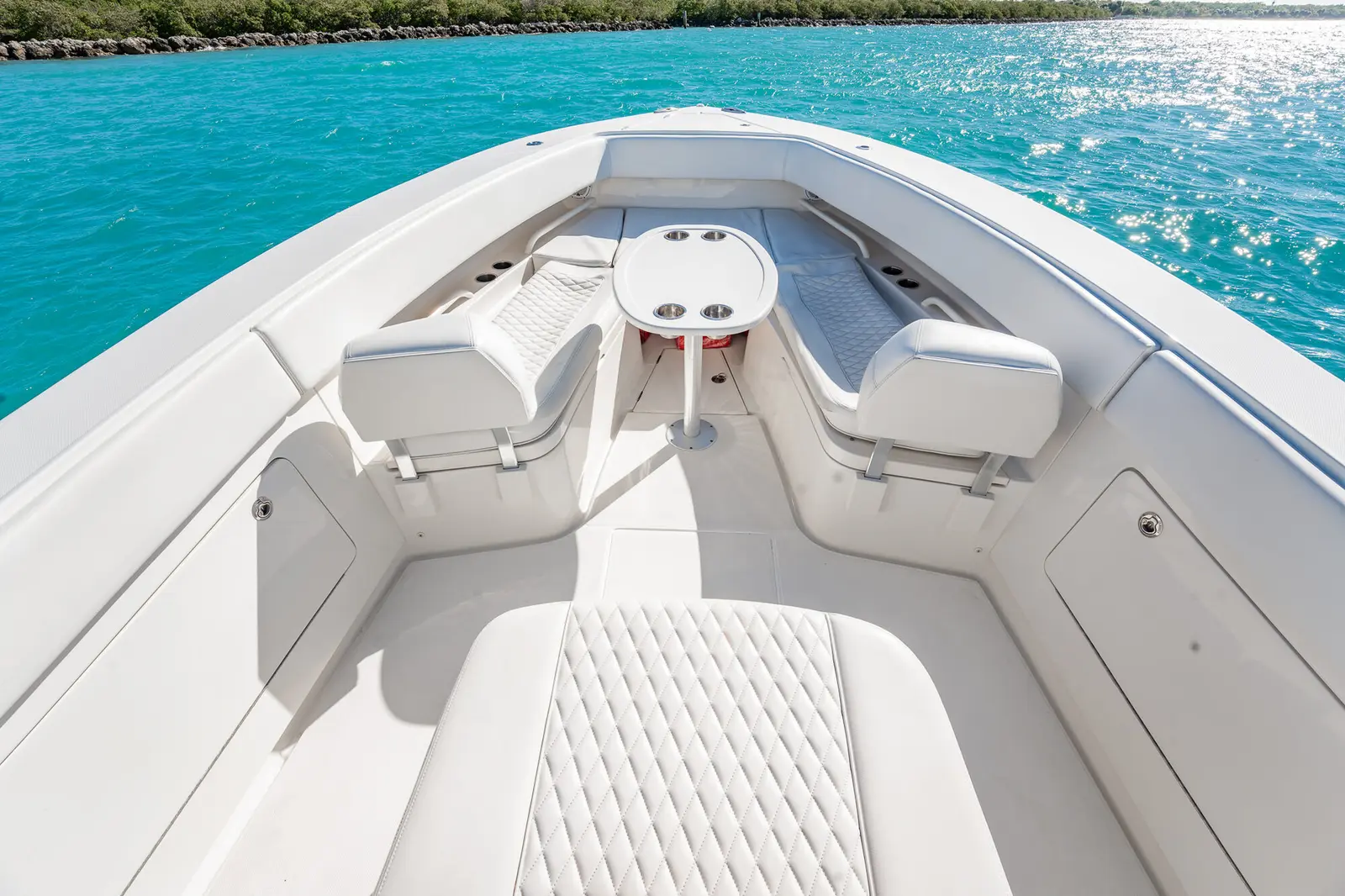 Overhead view of the bow seating area on the Jupiter 38 HFS