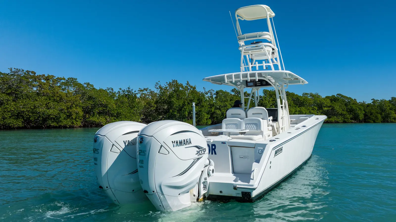 Stern quarter view showing the twin outboards